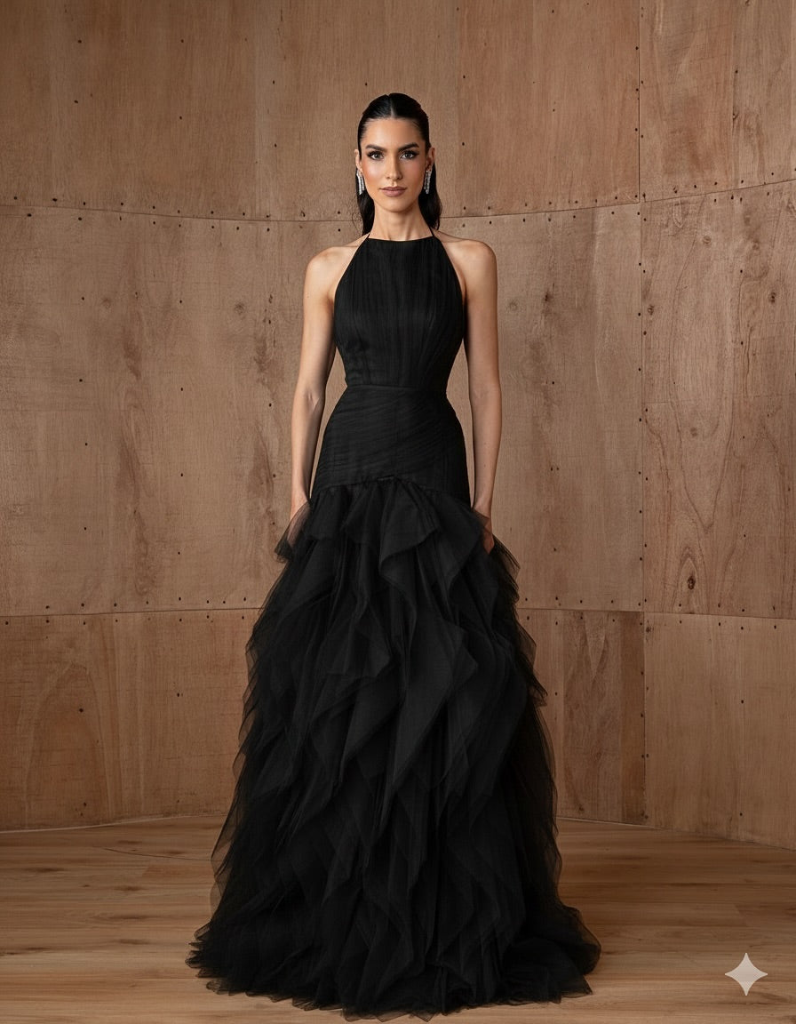 Cocoslly Halter Sleeveless High Waist Long Prom Dress With PLeated And Ruffles | Black Chiffon CO0027