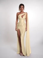 Cocoslly One Shoulder Sleeveless High Waist Long Prom Dress With Deep Split | Nude Sequins JZ0150
