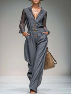 Elegant Utility Grey Tencel-Denim Sheer-Sleeve Button-Front Wide-Leg Jumpsuit