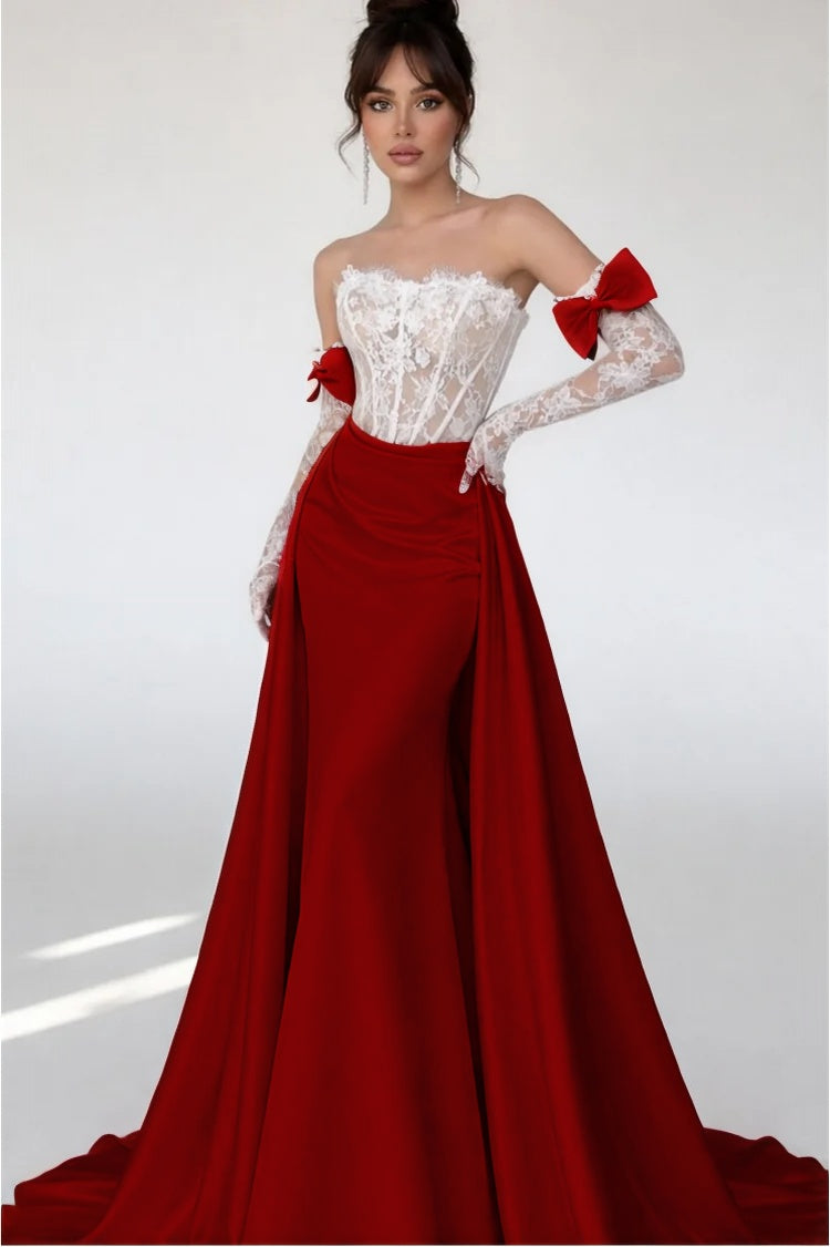 Cocoslly Strapless Sleeveless High Waist Long Mermaid Prom Dress With Long Sleeves And Lace | Blushing Pink Satin