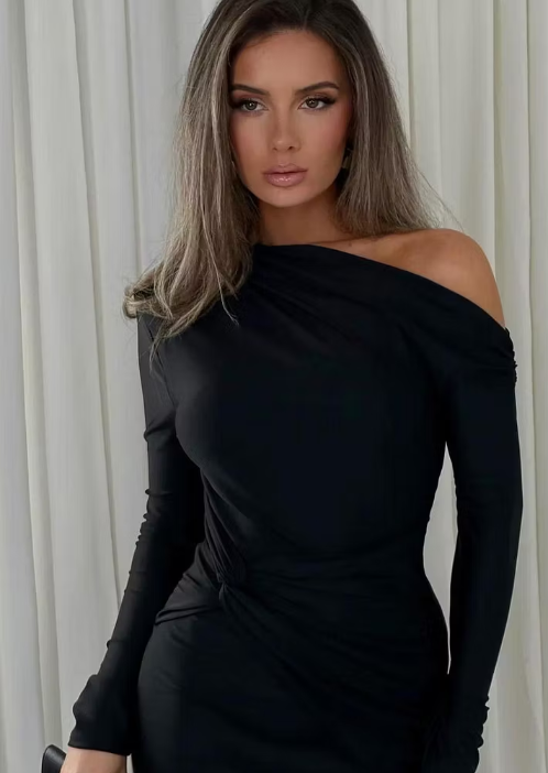 Cocoslly Long Sleeves High Waist Long Mermaid Prom Dress With Pleated | Black Satin XJ0062
