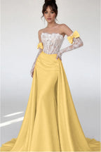 Cocoslly Strapless Sleeveless High Waist Long Mermaid Prom Dress With Long Sleeves And Lace | Blushing Pink Satin