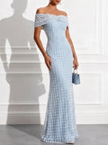 Light Blue Beaded Sequin Off The Shoulder Short Sleeve Mermaid Floor-length Gown Dress