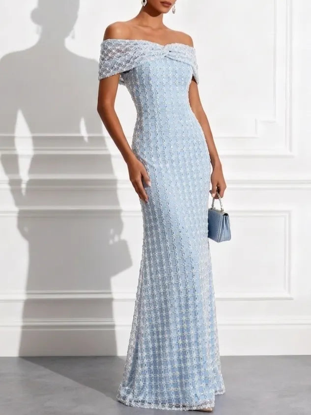 Light Blue Beaded Sequin Off The Shoulder Short Sleeve Mermaid Floor-length Gown Dress