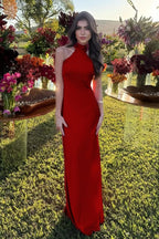 Cocoslly High Neck Sleeveless High Waist Long Mermaid Prom Dress | Fuchsia Satin XJ0757