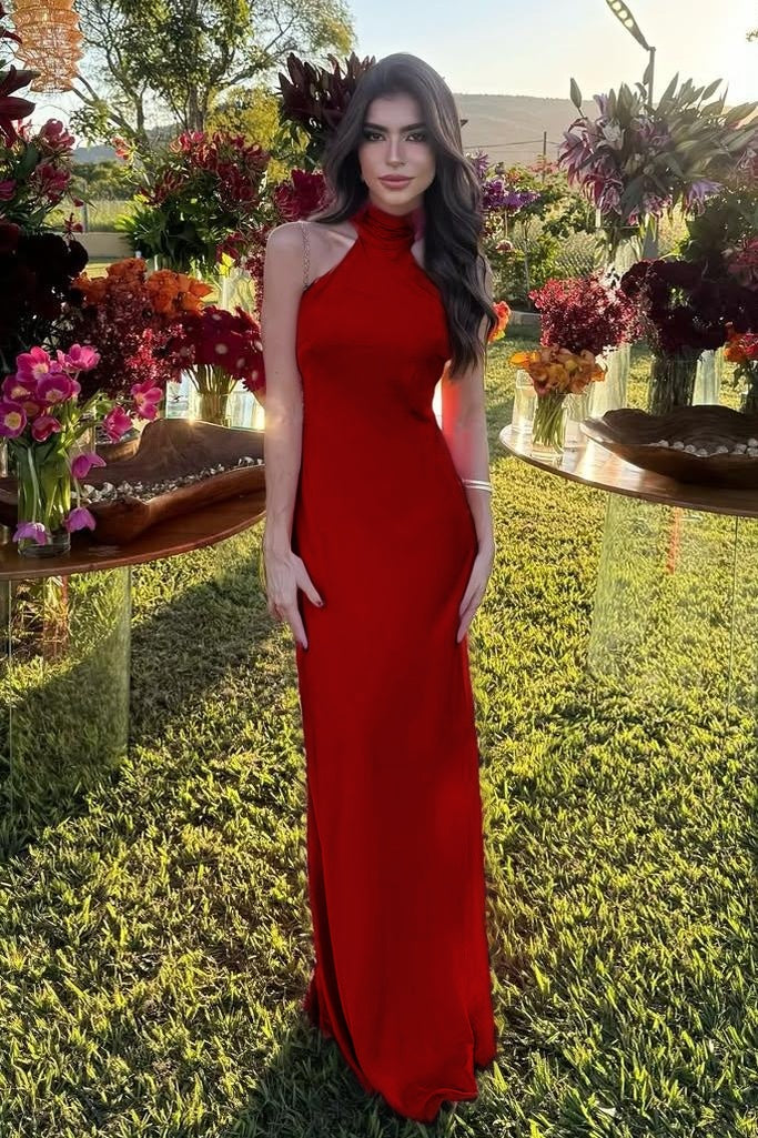 Cocoslly High Neck Sleeveless High Waist Long Mermaid Prom Dress | Fuchsia Satin XJ0757
