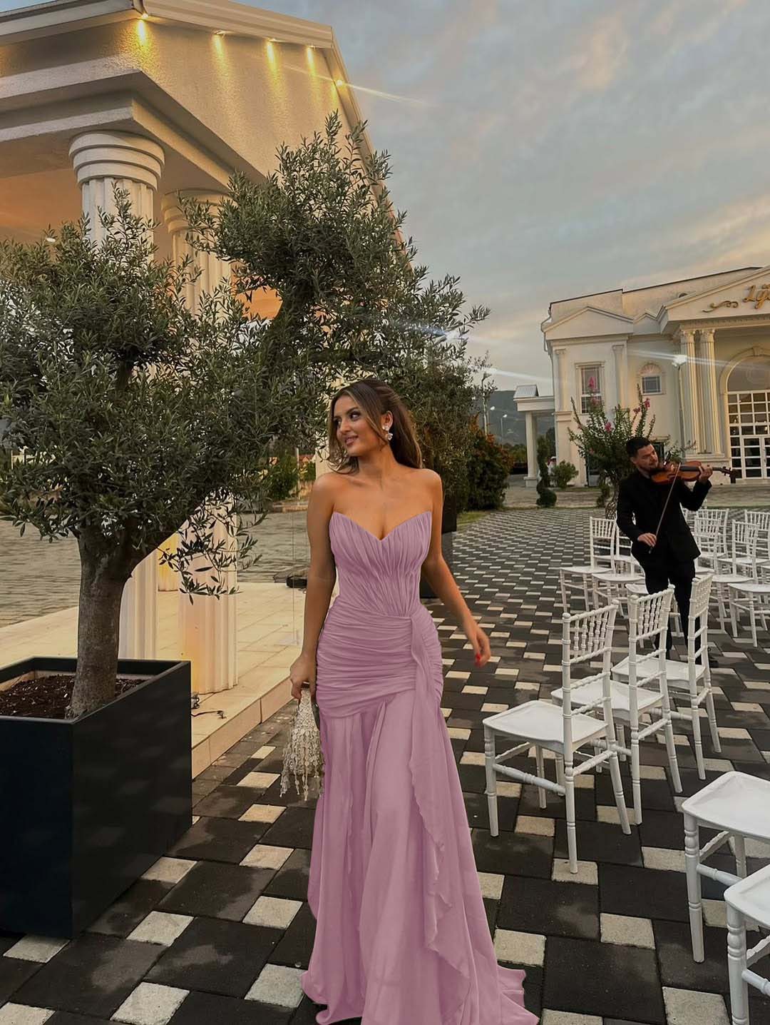 Strapless V Neck Sleeveless Long Prom Dress With Pleated Ruffle YK0492