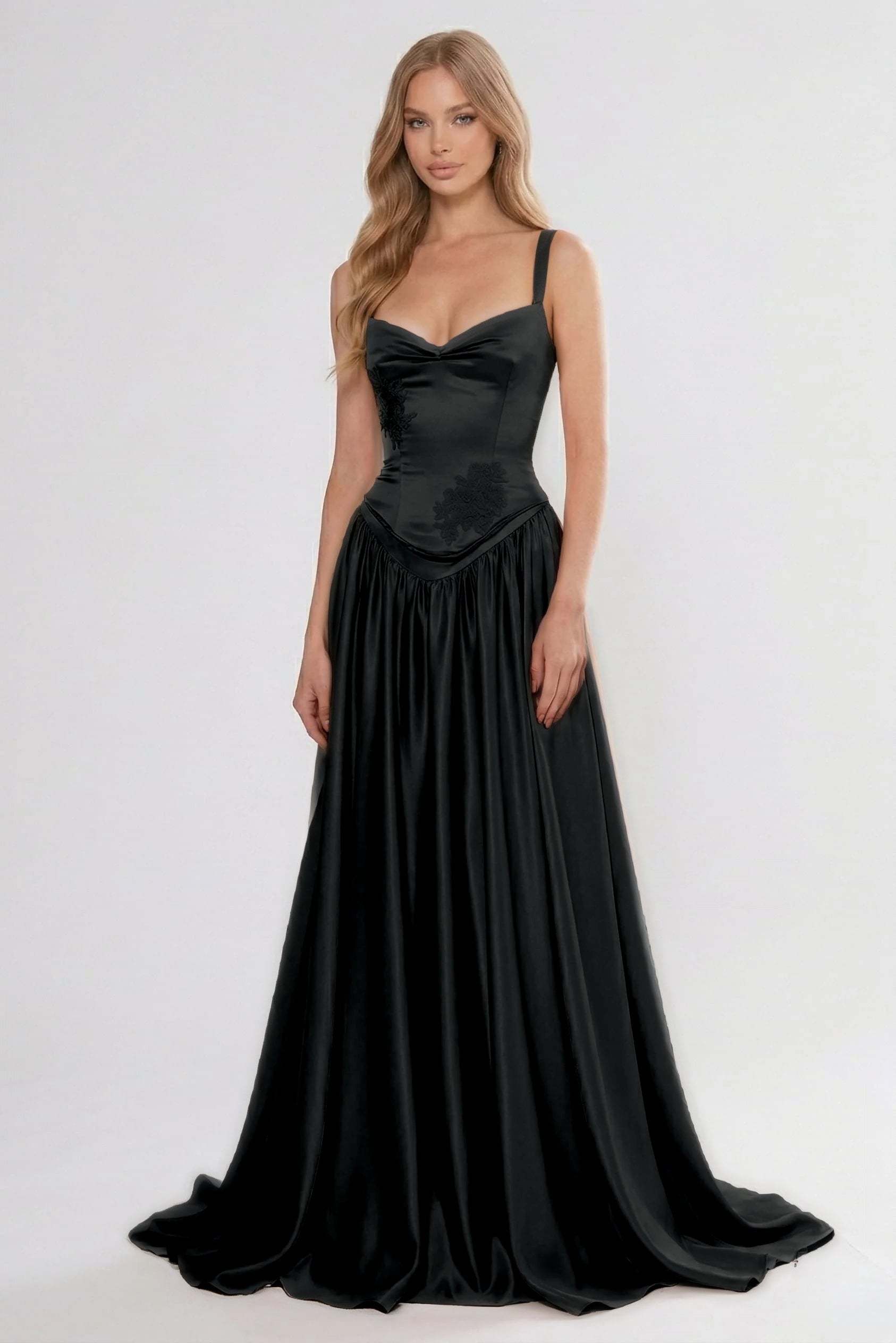 Cocoslly Spaghetti Straps Sleeveless High Waist Long Prom Dress With Appliques | Pink Satin