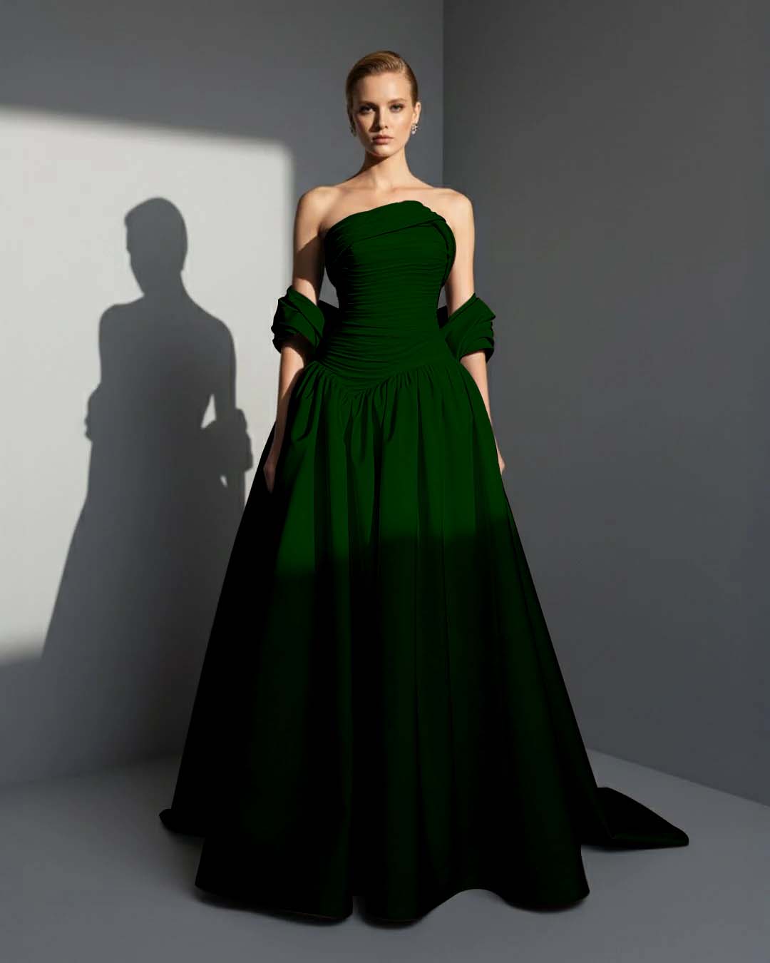 Satin Asymmetric Strapless Sleeveless Long Pleated A-Line Prom Dress With Beadings And Ruffles YK0766