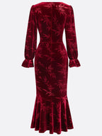 Wine Red Embossed Jacquard Velvet V Neck Long Sleeve Bell Sleeve Mermaid Maxi Dress