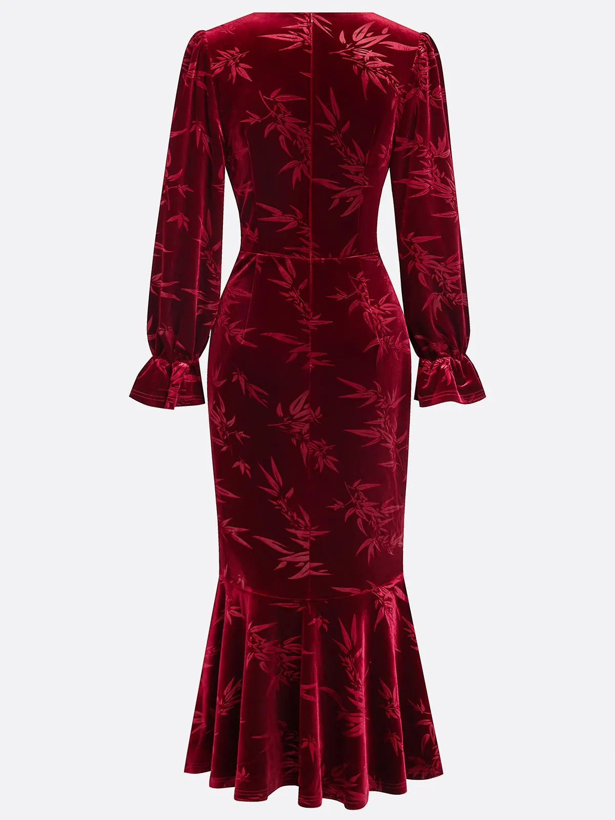 Wine Red Embossed Jacquard Velvet V Neck Long Sleeve Bell Sleeve Mermaid Maxi Dress