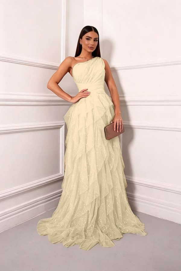 Cocoslly One Shoudler Sleeveless High Waist Long Prom Dress With Ruffles | Forest Green Tulle ZT0560