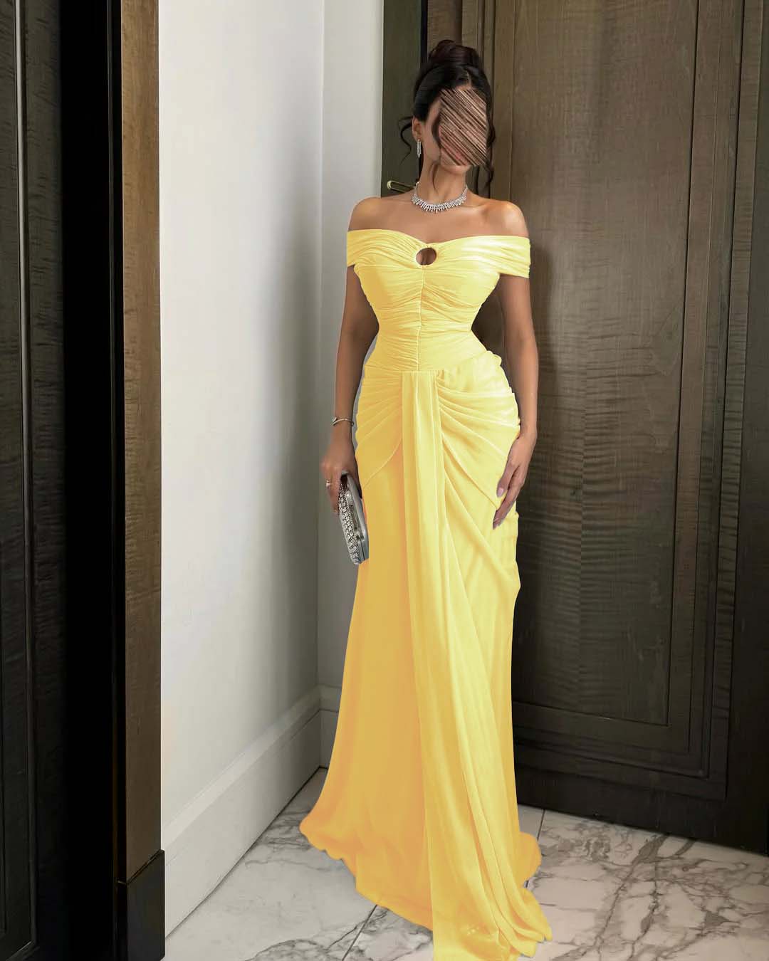 Chiffon Off-The-Shoulder Strapless Sleeveless Long Mermaid Prom Dress With Ruffles And Pleated YK0784