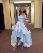 Cocoslly Off-The-Shoulder Sleeveless High Waist Long Prom Dress With Ruffles | Baby Blue Satin ZT0725