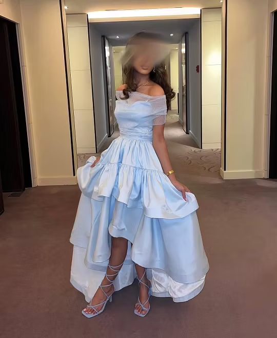 Cocoslly Off-The-Shoulder Sleeveless High Waist Long Prom Dress With Ruffles | Baby Blue Satin ZT0725