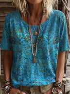Women's Retro Floral Print Short Sleeve Casual T-shirt