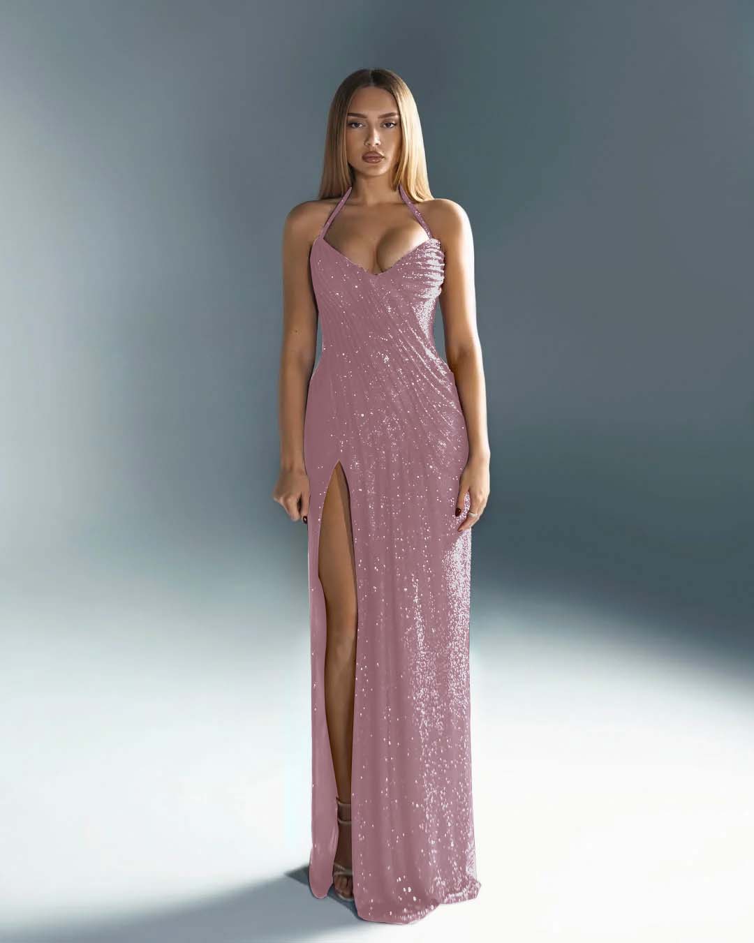 Halter V-Neck Strapless Sleeveless Long Mermaid Prom Dress With Split And Pleated YK0670