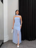Cocoslly Strapless Sleeveless High Waist Long Prom Dress With Split And Scarf | Sky Blue Satin And Chiffon CO0100