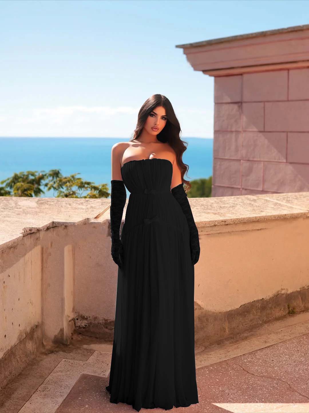Chiffon Strapless Sleeveless Long Pleated A-Line Prom Dress With Bows And Gloves YK0680