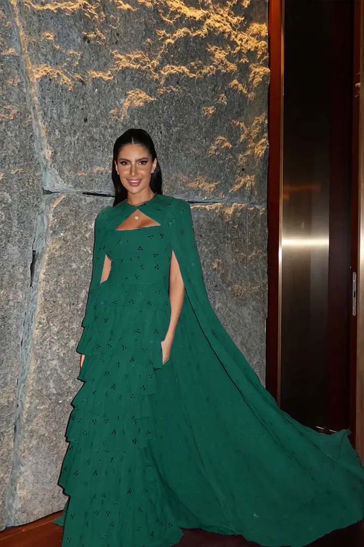 Cocoslly Strapless Sleeveless High Waist Long Prom Dress With Ruffles And Shawl | Pink Chiffon LR0534