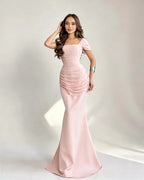Cocoslly Square Neck Sleeveless High Waist Long Mermaid Prom Dress With Pleated | Burgundy Satin DB0128