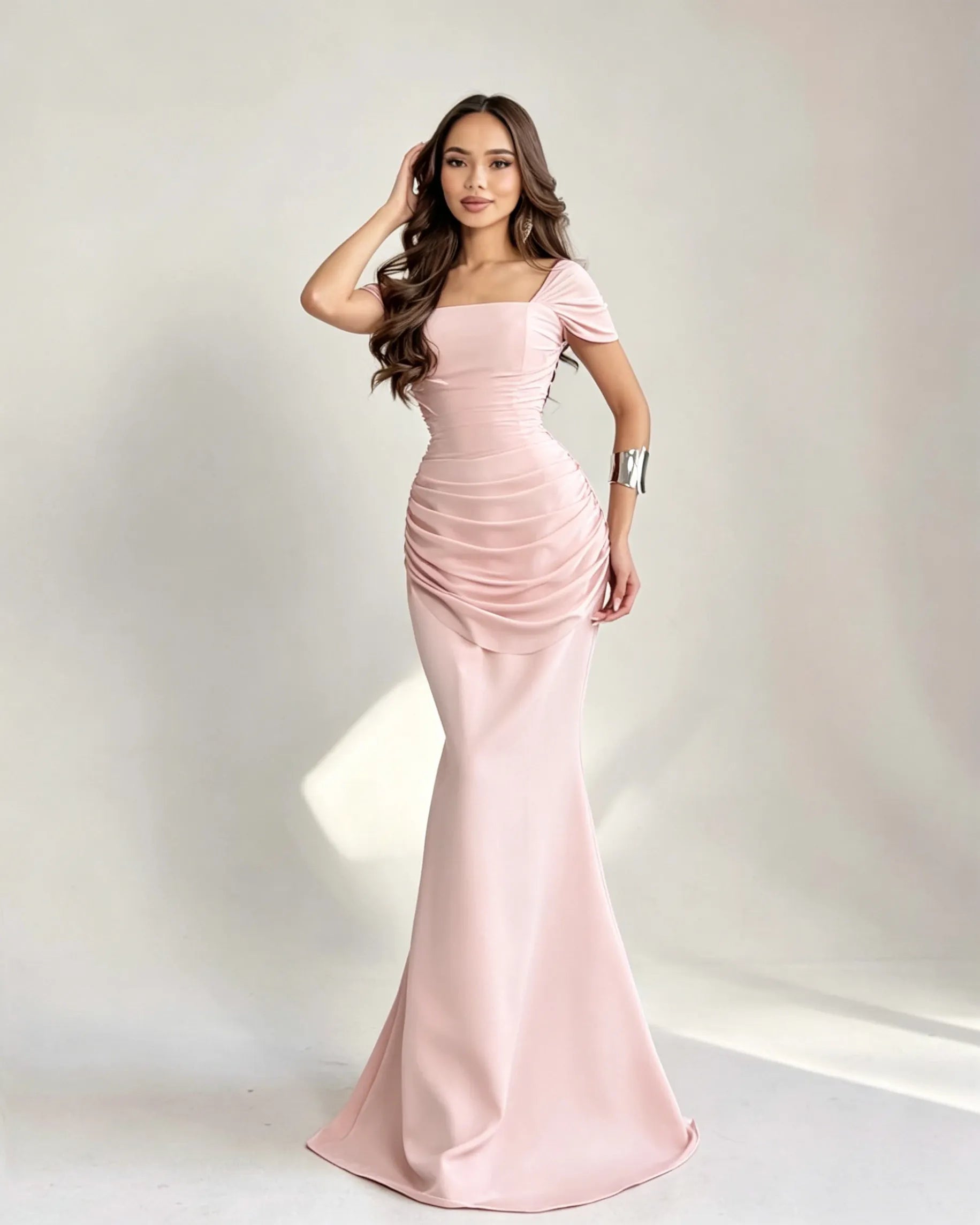 Cocoslly Square Neck Sleeveless High Waist Long Mermaid Prom Dress With Pleated | Burgundy Satin DB0128