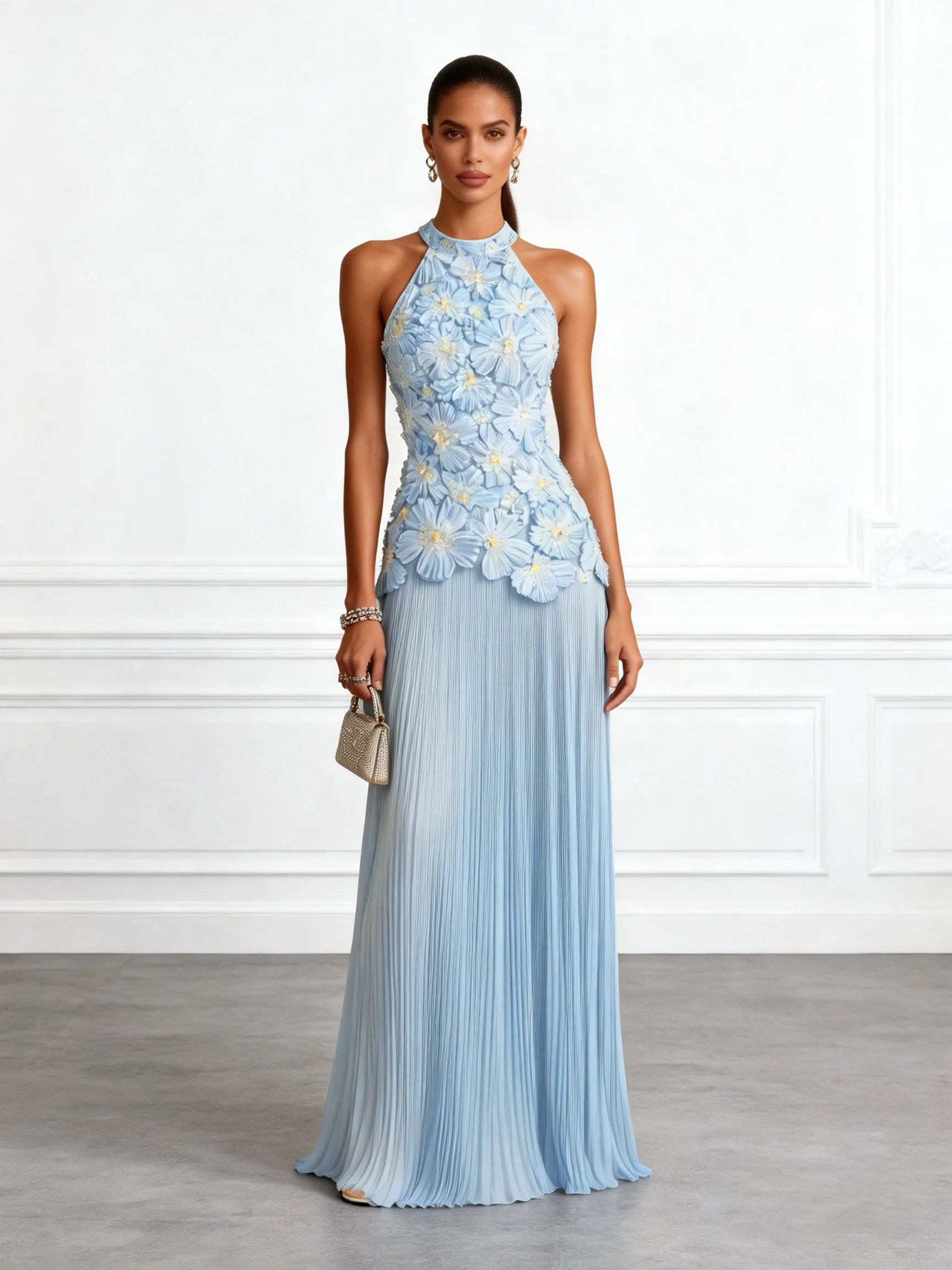 Light Blue Jacquard Chiffon Halter Neck Sleeveless A-Line Floor-length Gown Dress