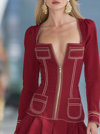 Elegant Fashion Square-neck Front-zip Red Denim Mini Dress