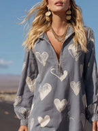Retro Casual Heart Pattern Lapel Front Zipper Gray Denim Mini Dress