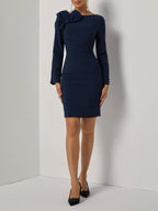 Purplish blue Bow Ruched Classic Boat Neck Long Sleeve Sheath Midi Dress