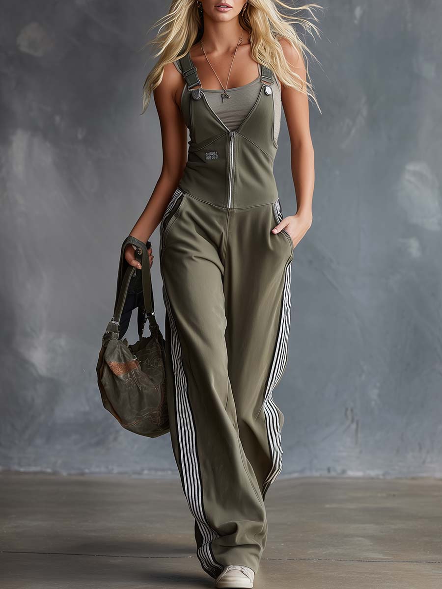 Retro Fashion Sports V-Neck Front-Zip Olive Green Cotton Overalls Jumpsuit