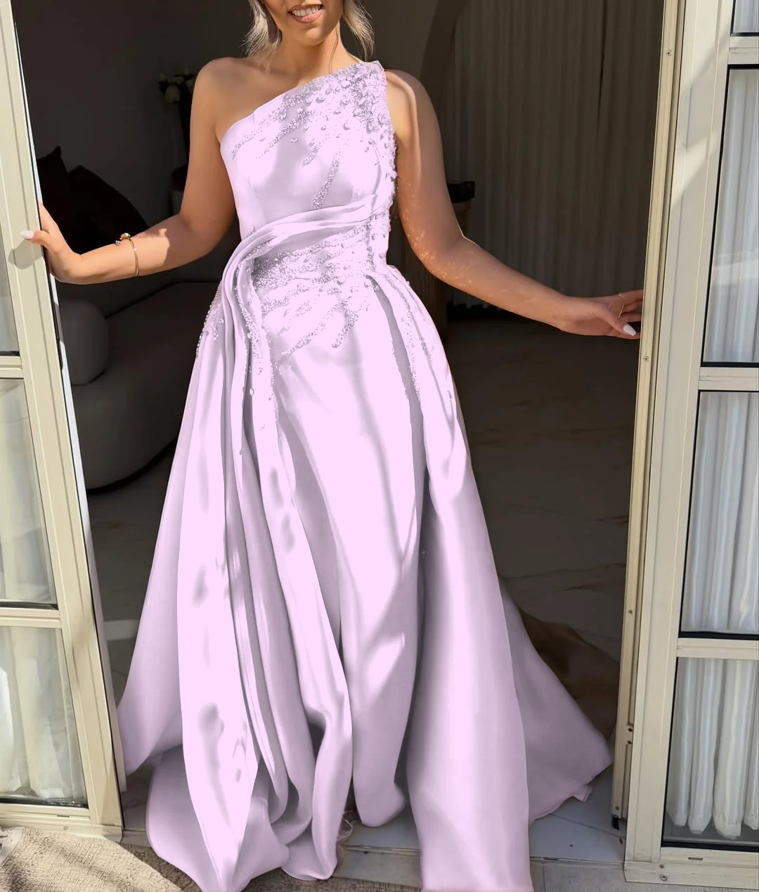 Asymmetric Strapless Sleeveless Long A-Line Prom Dress With Pleated And Beadings YK0692