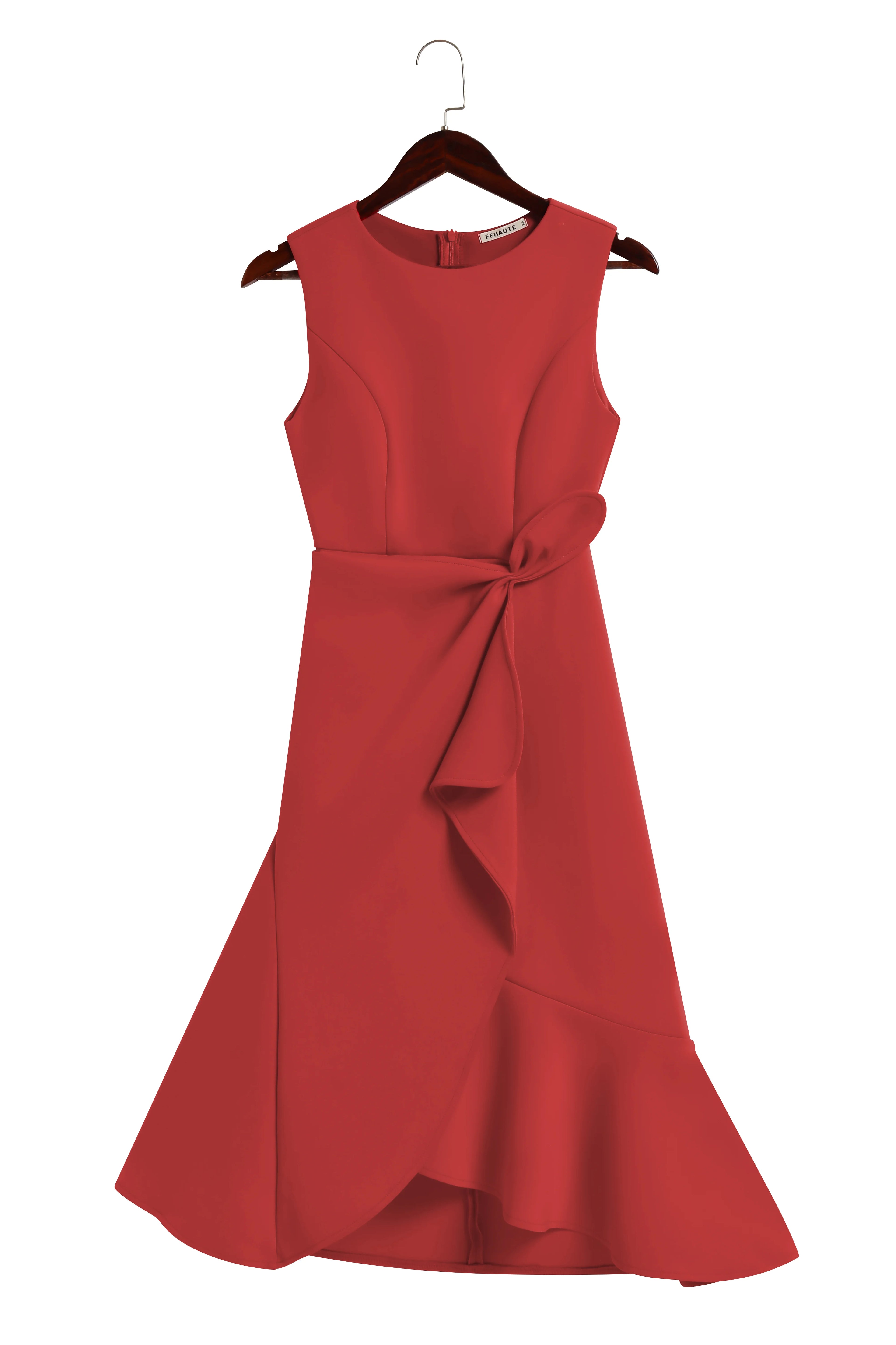 Red Asymmetric Ruffled Classic Boat Neck Sleeveless Midi Elegant A-line Dress with Waist Twist for Day-to-Night