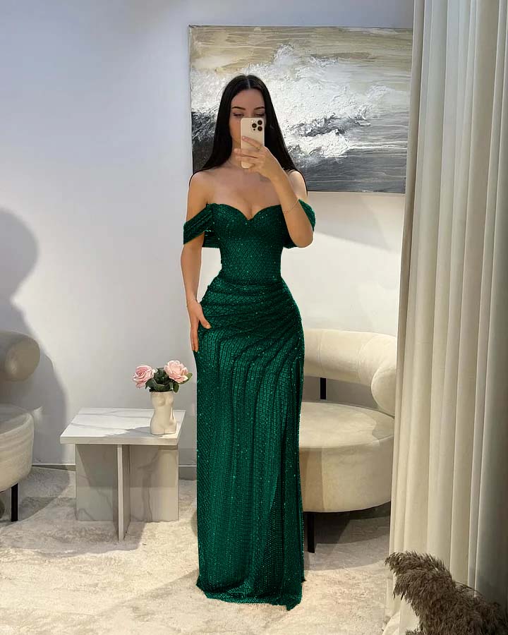 Cocoslly Satin Off-The-Shoulder Sleeveless Long Prom Dress With Pleated