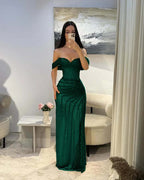 Cocoslly Satin Off-The-Shoulder Sleeveless Long Prom Dress With Pleated