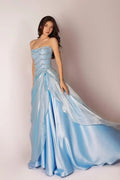 Cocoslly Strapless Sleeveless High Waist Long Prom Dress With Rhinstone And Beading Pearls | Baby Blue Satin LR0577