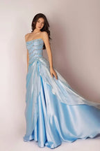 Cocoslly Strapless Sleeveless High Waist Long Prom Dress With Rhinstone And Beading Pearls | Baby Blue Satin LR0577