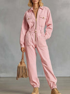 Retro Western Pink Denim Collared Zip-Front Utility Jumpsuit