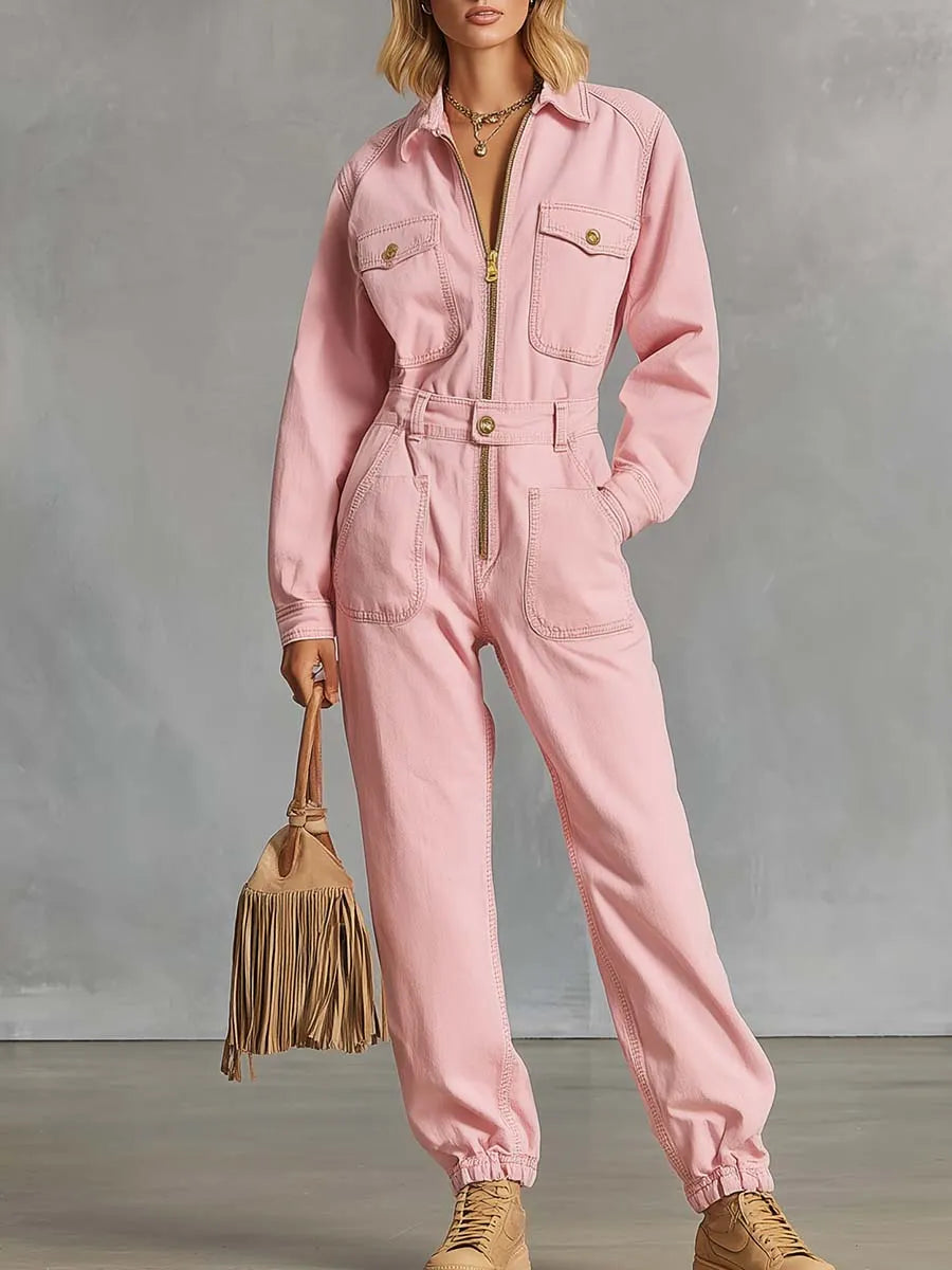 Retro Western Pink Denim Collared Zip-Front Utility Jumpsuit