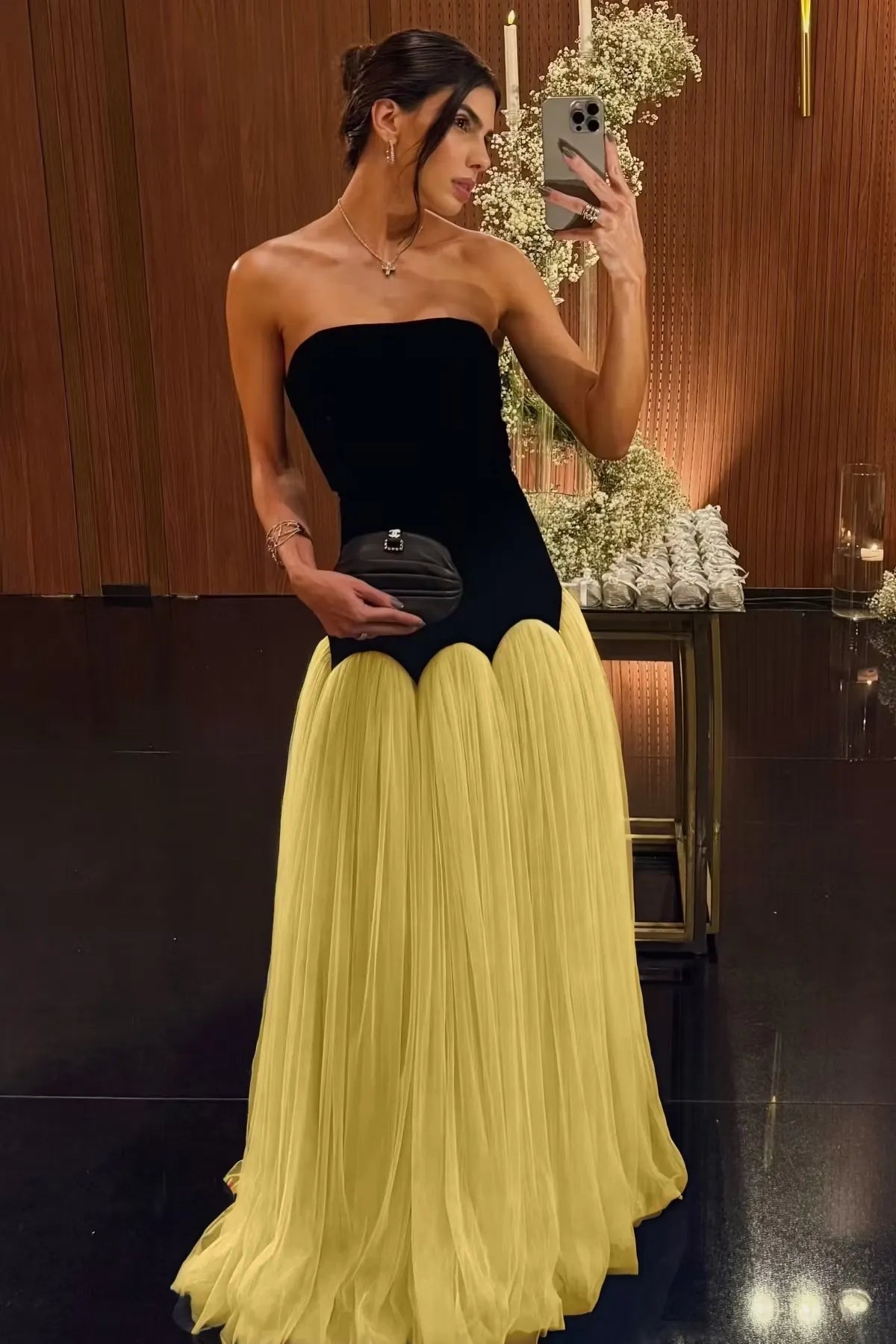 Cocoslly Strapless Sleeveless High Waist Long Prom Dress | Black And Dusty Blue Satin And Tulle YC0567