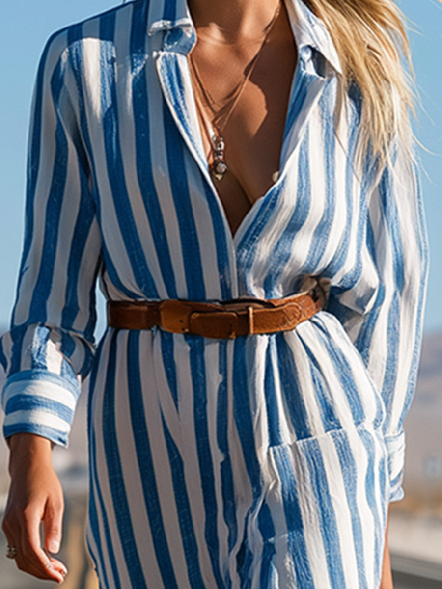 Stylish Western-style Blue Striped Single-breasted Shirt Maxi Dress