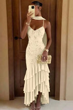 Cocoslly Spaghetti Straps Sleeveless High Waist Long Prom Dress With Ruffles And Sequins | Sage Chiffon LR0491