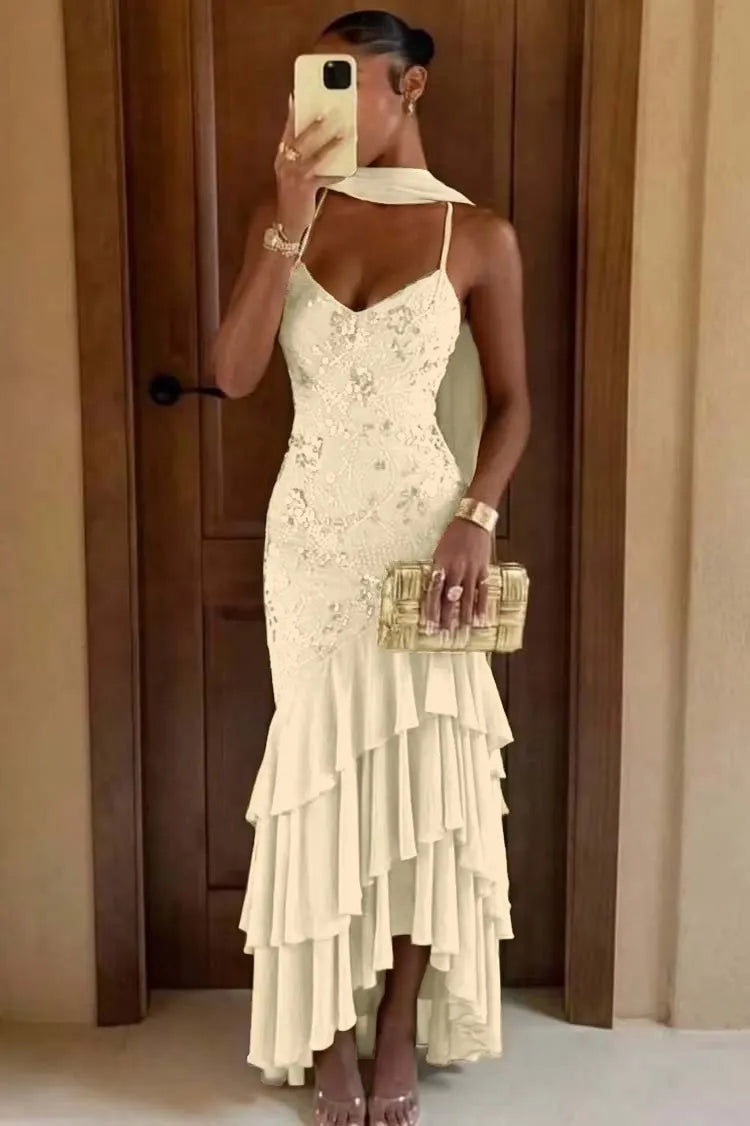 Cocoslly Spaghetti Straps Sleeveless High Waist Long Prom Dress With Ruffles And Sequins | Sage Chiffon LR0491