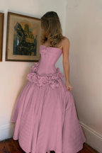 Cocoslly Strapless Sleeveless High Waist Long A Line Prom Dress With Flowers | Nude Pink Satin YC0415