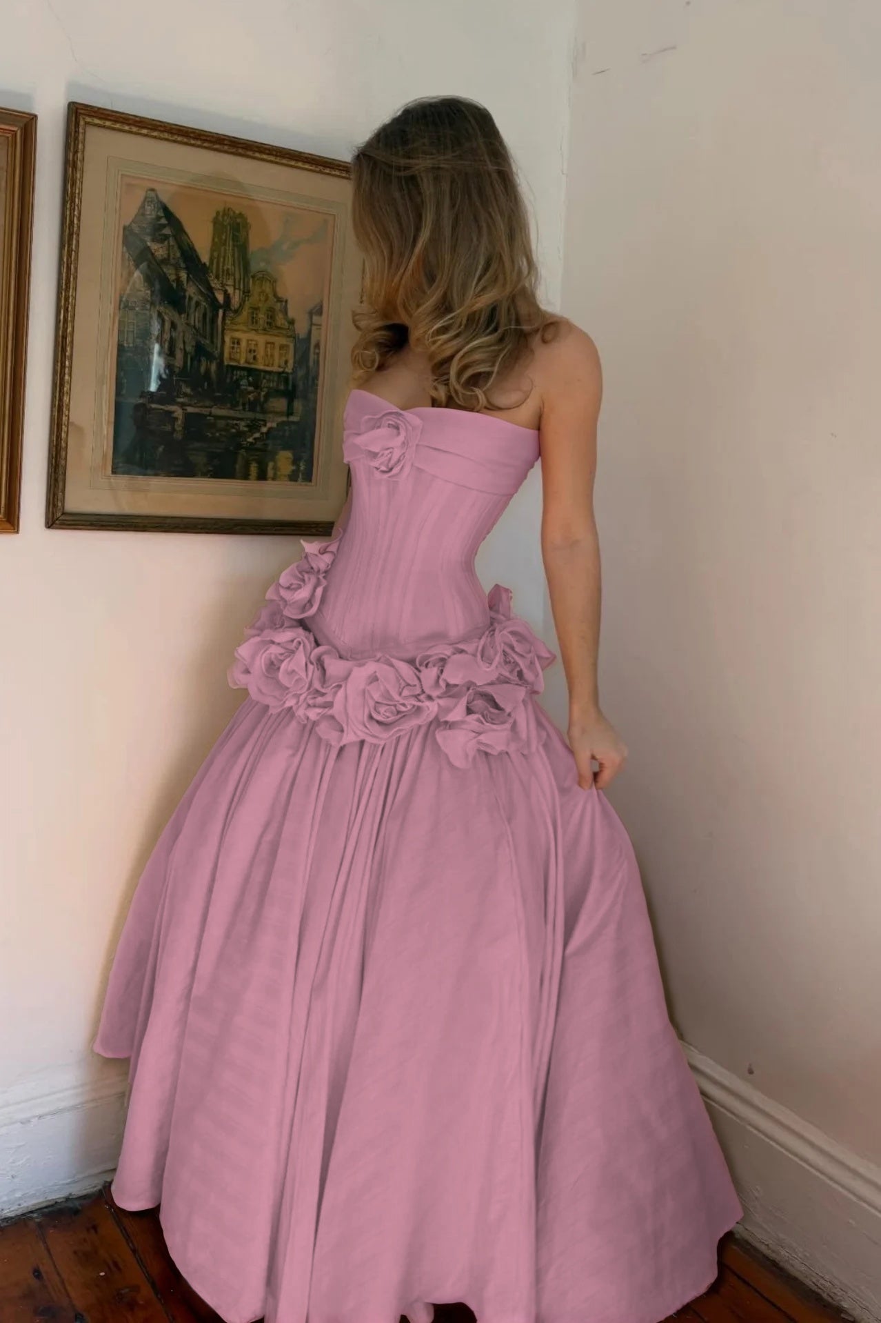 Cocoslly Strapless Sleeveless High Waist Long A Line Prom Dress With Flowers | Nude Pink Satin YC0415