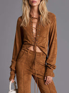 Western Boho Tan Faux-Suede Lace-Up Top And Wide-Leg Pants Set