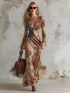Vintage Bohemian Apricot Floral Print Chiffon Long-sleeved Maxi Dress
