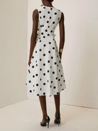 White Polka Dots V Neck Sleeveless A-Line Midi Dress