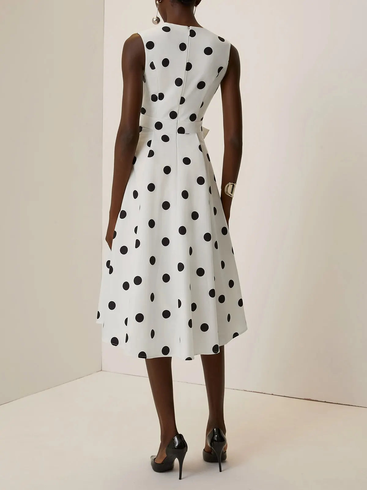 White Polka Dots V Neck Sleeveless A-Line Midi Dress