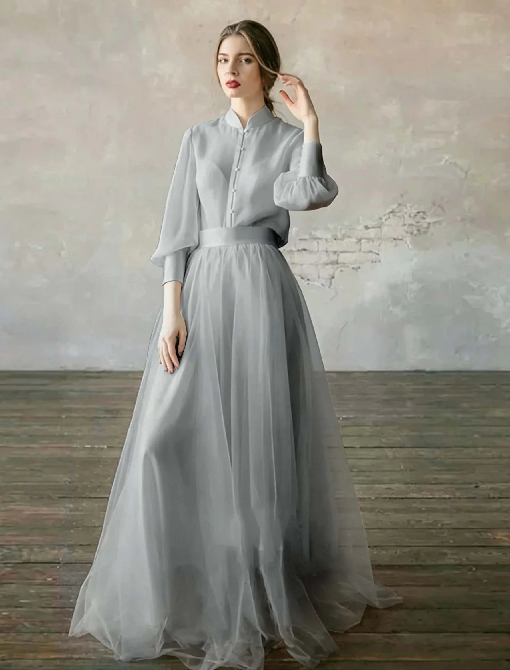 Cocoslly High Neck Long Sleeves High Waist Long Prom Dress | Blushing Pink Tulle LR0409